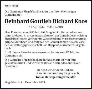 Traueranzeige von Reinhard Koos 