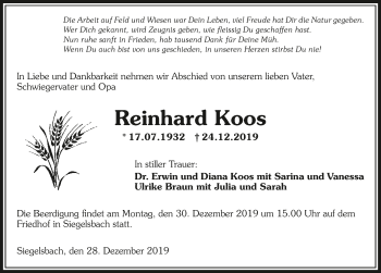 Traueranzeige von Reinhard Koos 