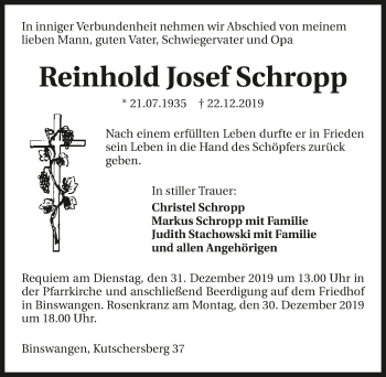 Traueranzeige von Reinhold Josef Schropp 