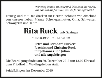 Traueranzeige von Rita Ruck 