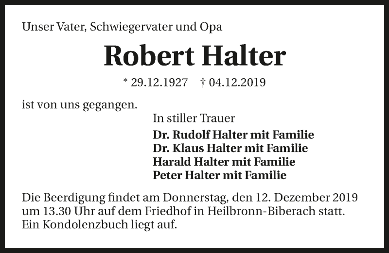  Traueranzeige für Robert Halter vom 07.12.2019 aus 