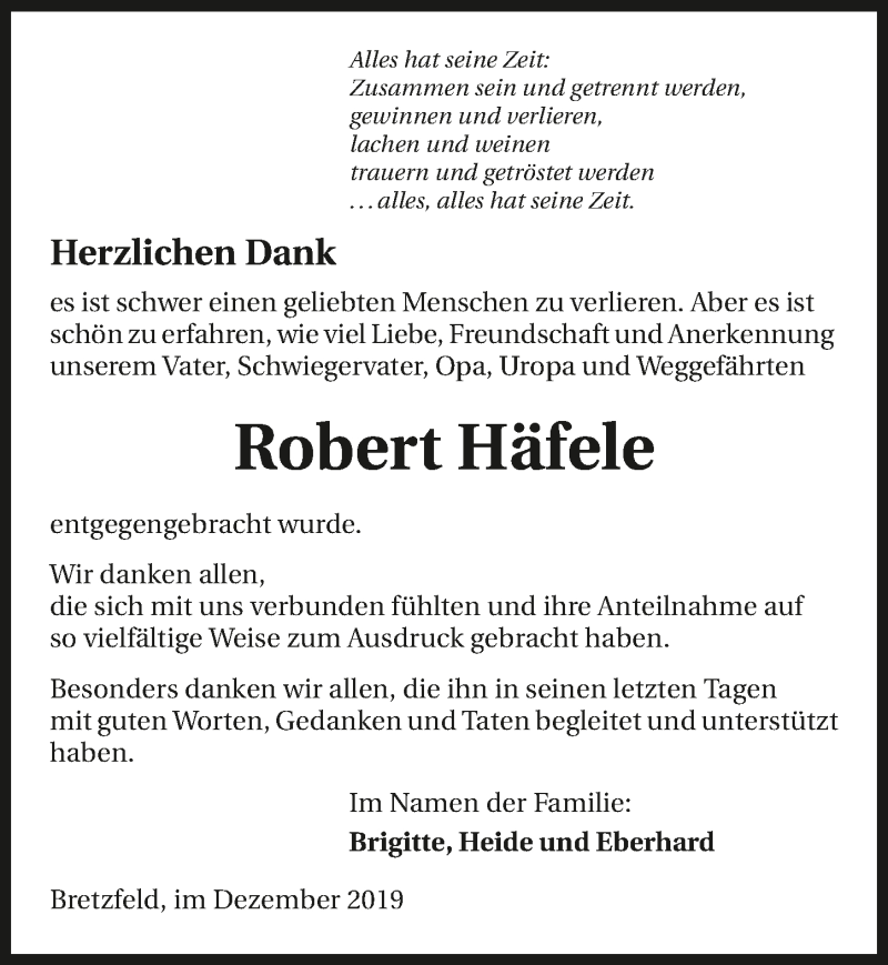  Traueranzeige für Robert Häfele vom 07.12.2019 aus 