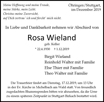 Traueranzeige von Rosa Wieland 