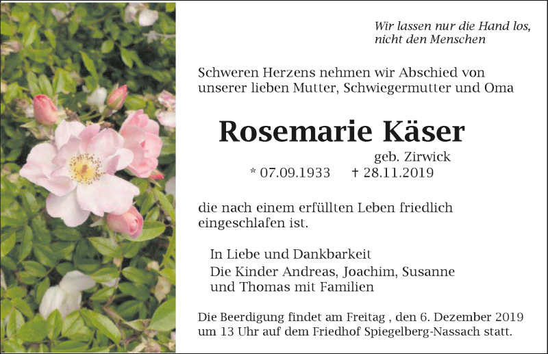  Traueranzeige für Rosemarie Käser vom 03.12.2019 aus 