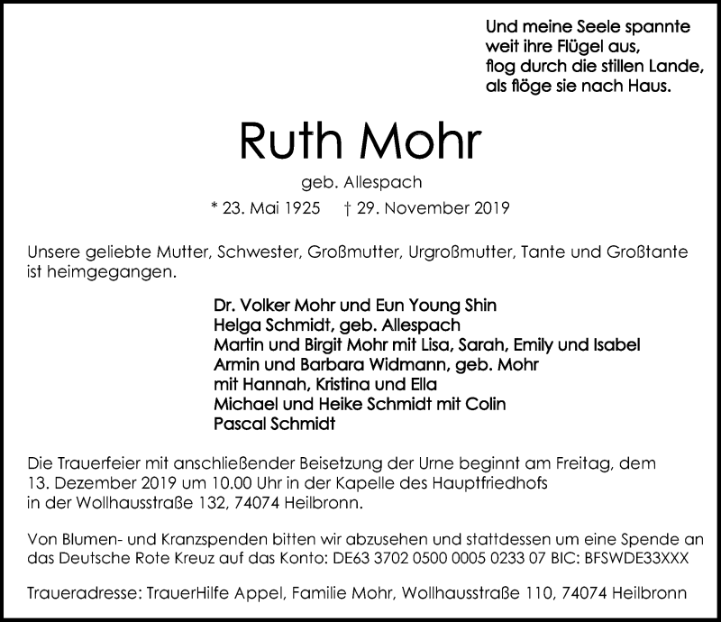  Traueranzeige für Ruth Mohr vom 07.12.2019 aus 