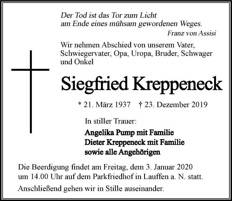  Traueranzeige für Siegfried Kreppeneck vom 28.12.2019 aus 