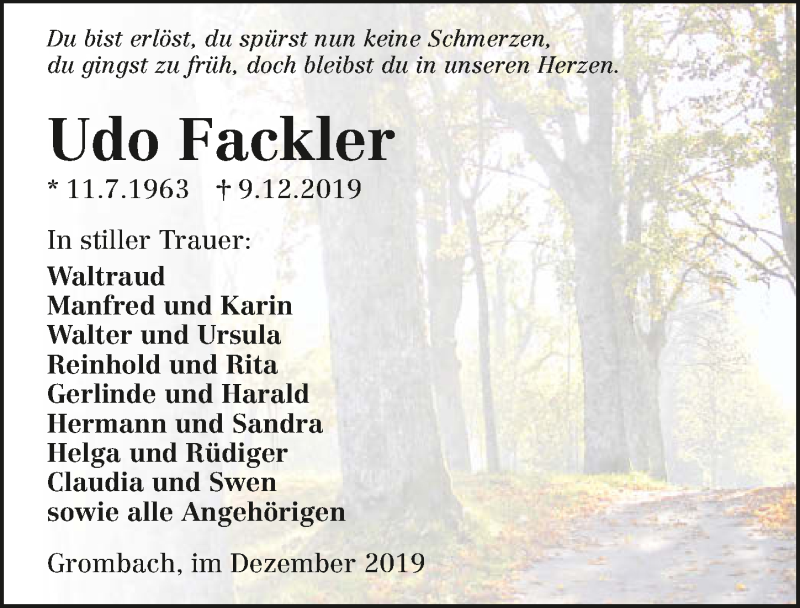  Traueranzeige für Udo Fackler vom 12.12.2019 aus 
