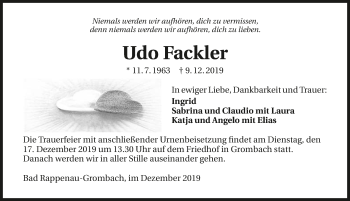 Traueranzeige von Udo Fackler 