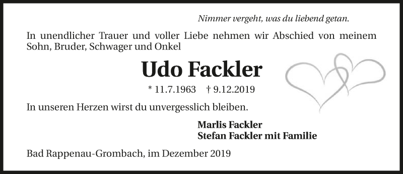  Traueranzeige für Udo Fackler vom 12.12.2019 aus 