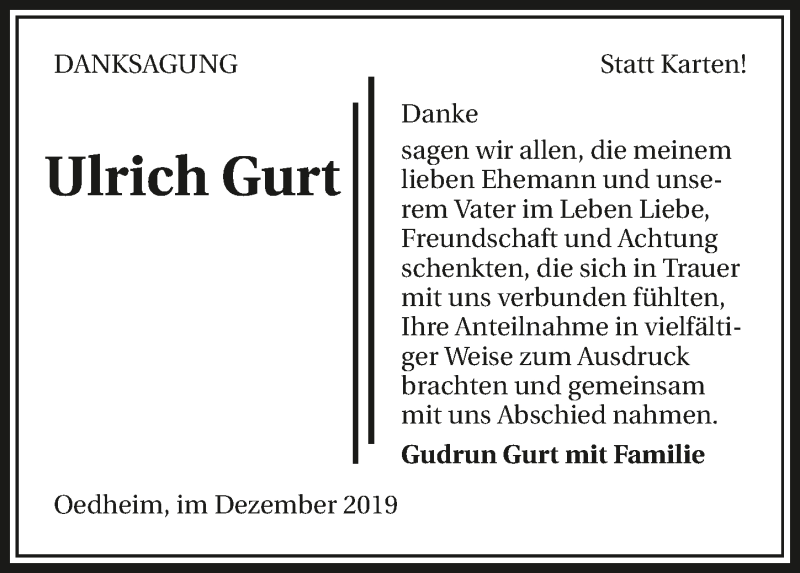  Traueranzeige für Ulrich Gurt vom 21.12.2019 aus 