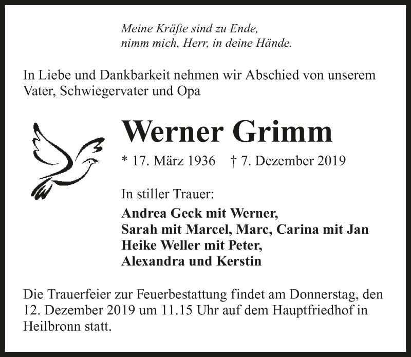  Traueranzeige für Werner Grimm vom 10.12.2019 aus 