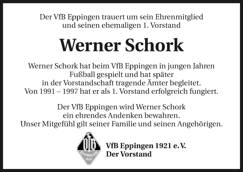  Traueranzeige für Werner Schork vom 20.12.2019 aus 