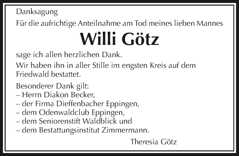  Traueranzeige für Willi Götz vom 17.12.2019 aus 