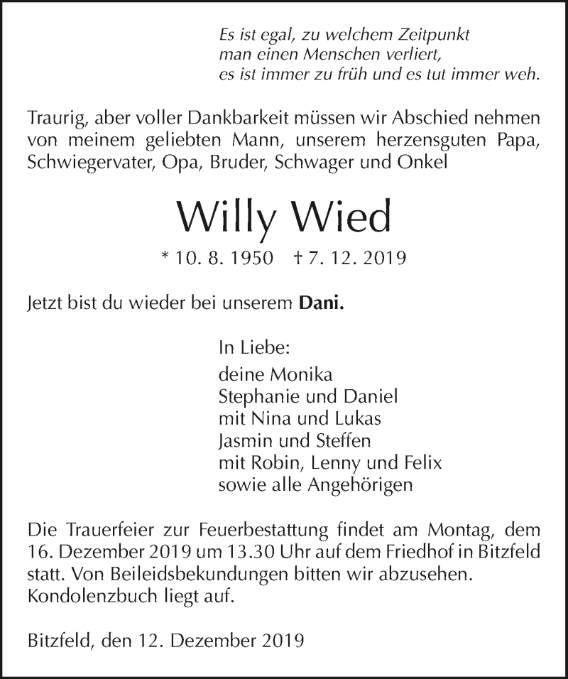  Traueranzeige für Willy Wied vom 12.12.2019 aus 