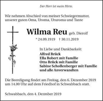 Traueranzeige von Wilma Reu 