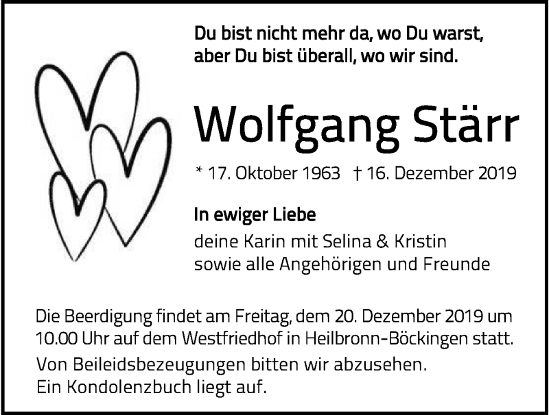  Traueranzeige für Wolfgang Stärr vom 18.12.2019 aus 