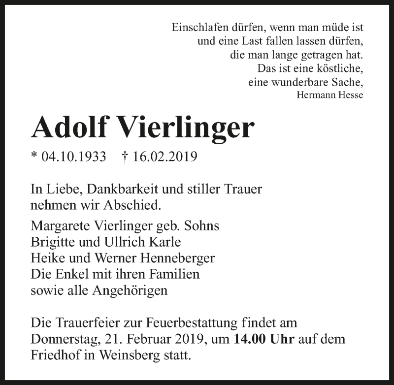  Traueranzeige für Adolf Vierlinger vom 19.02.2019 aus 