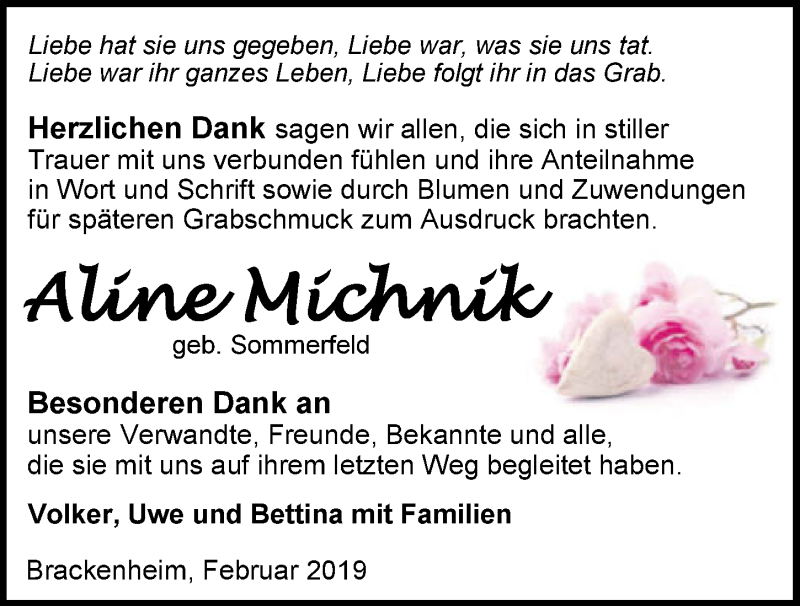 Traueranzeige für Aline Michnik vom 08.02.2019 aus 