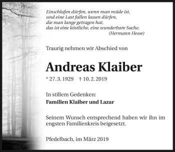 Traueranzeige von Andreas Klaiber 