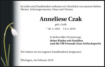 Traueranzeige von Anneliese Czak 
