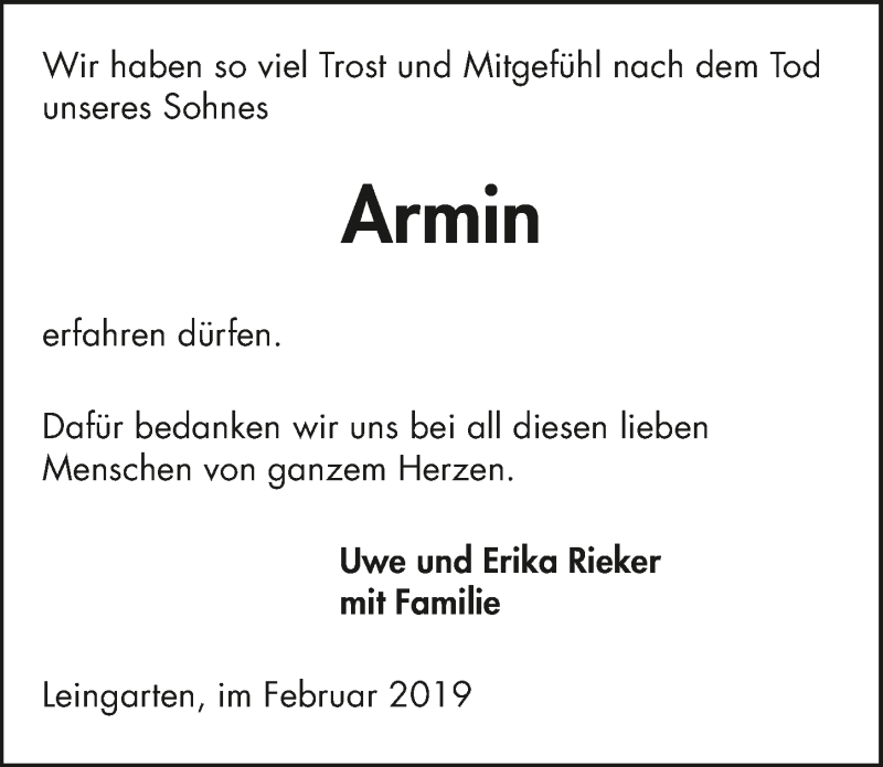  Traueranzeige für Armin Rieker vom 21.02.2019 aus 