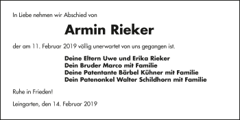 Traueranzeige von Armin Rieker 