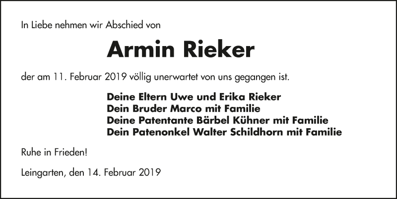  Traueranzeige für Armin Rieker vom 14.02.2019 aus 