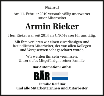 Traueranzeige von Armin Rieker 