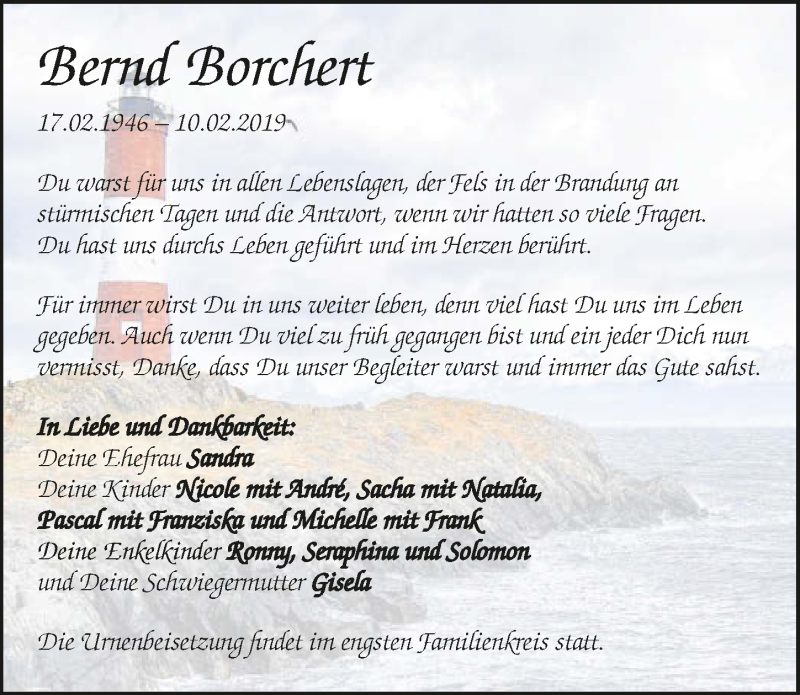  Traueranzeige für Bernd Borchert vom 16.02.2019 aus 