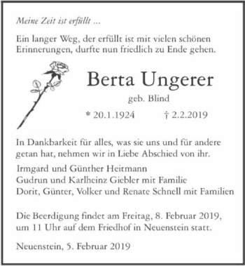 Traueranzeige von Berta Ungerer 
