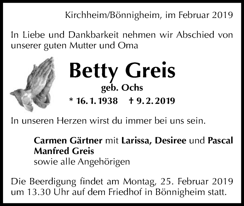  Traueranzeige für Betty Greis vom 20.02.2019 aus 