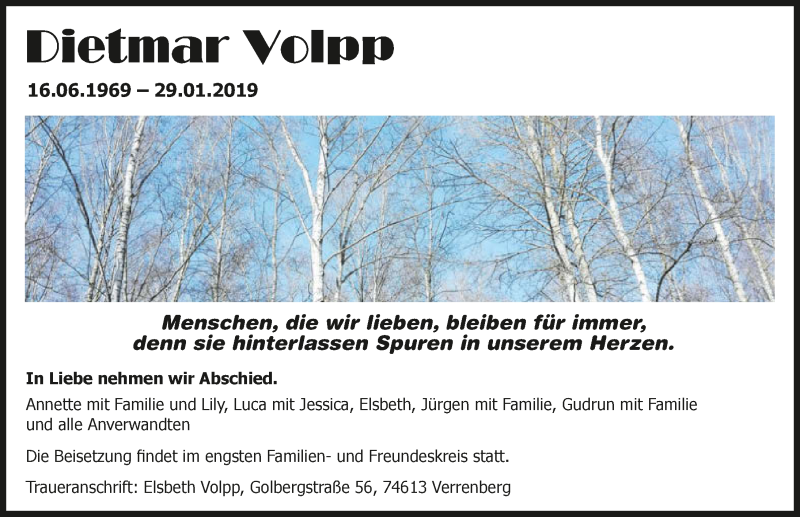  Traueranzeige für Dietmar Volpp vom 09.02.2019 aus 