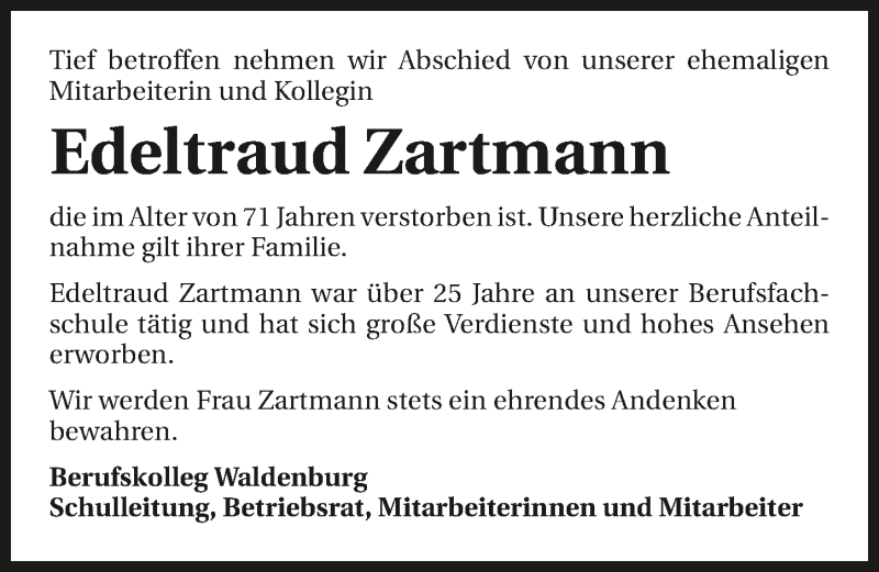  Traueranzeige für Edeltraud Zartmann vom 02.02.2019 aus 