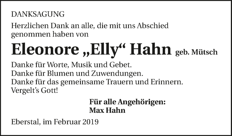  Traueranzeige für Eleonore Hahn vom 14.02.2019 aus 