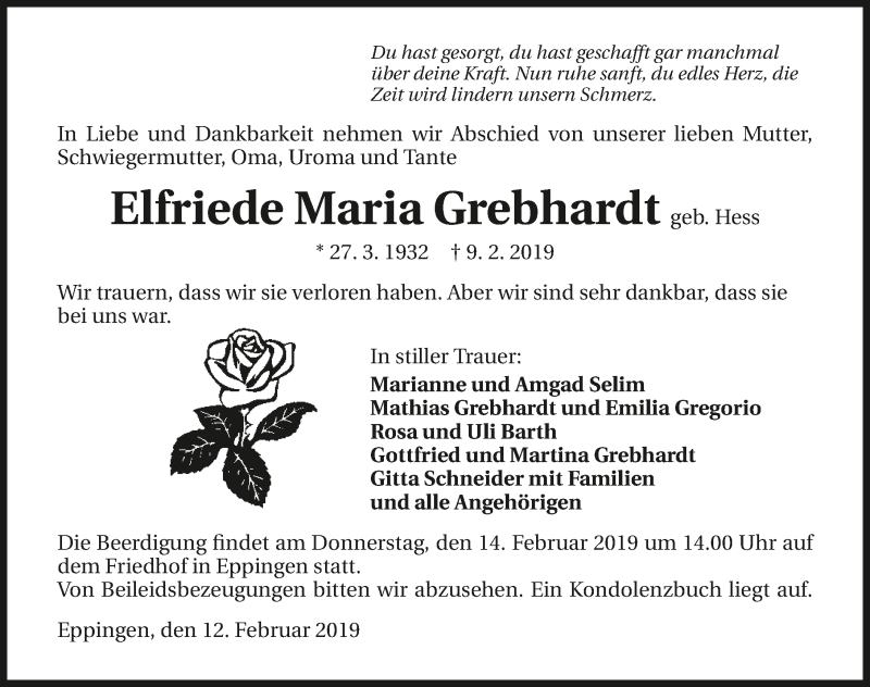  Traueranzeige für Elfriede Maria Grebhardt vom 12.02.2019 aus 
