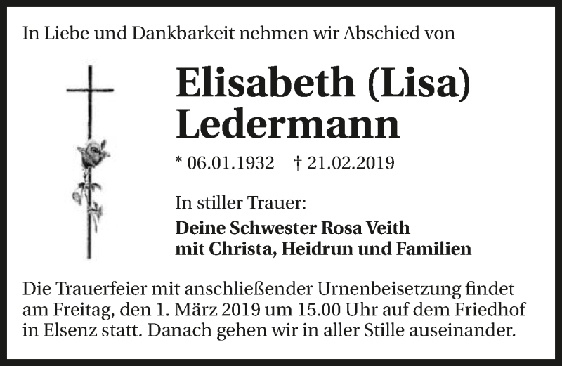  Traueranzeige für Elisabeth Ledermann vom 27.02.2019 aus 