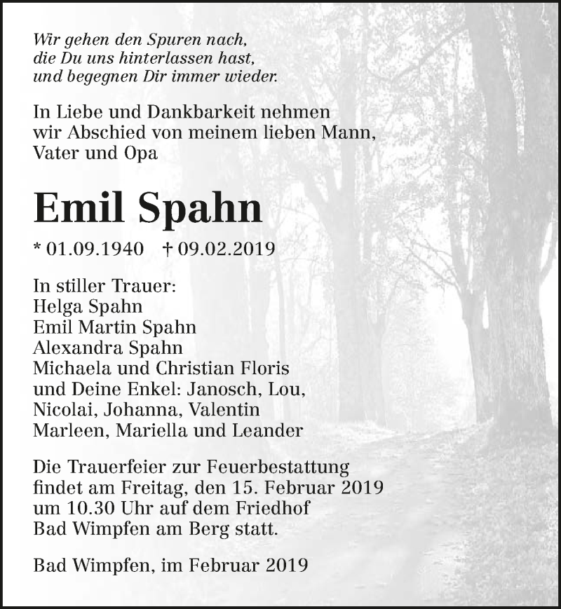  Traueranzeige für Emil Spahn vom 13.02.2019 aus 
