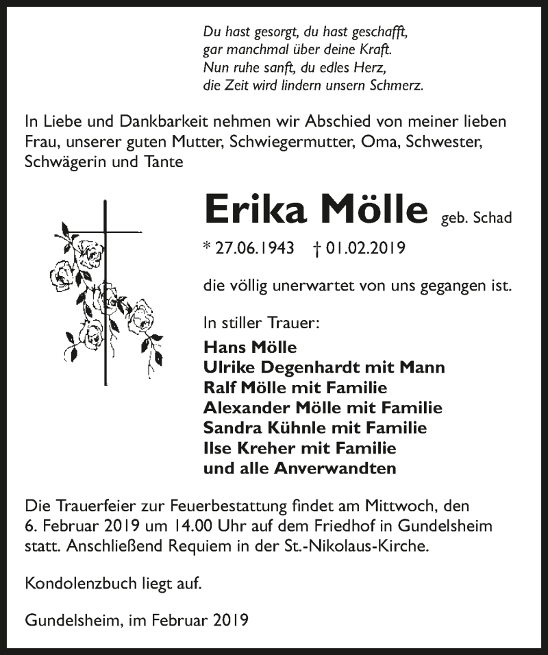  Traueranzeige für Erika Mölle vom 04.02.2019 aus 