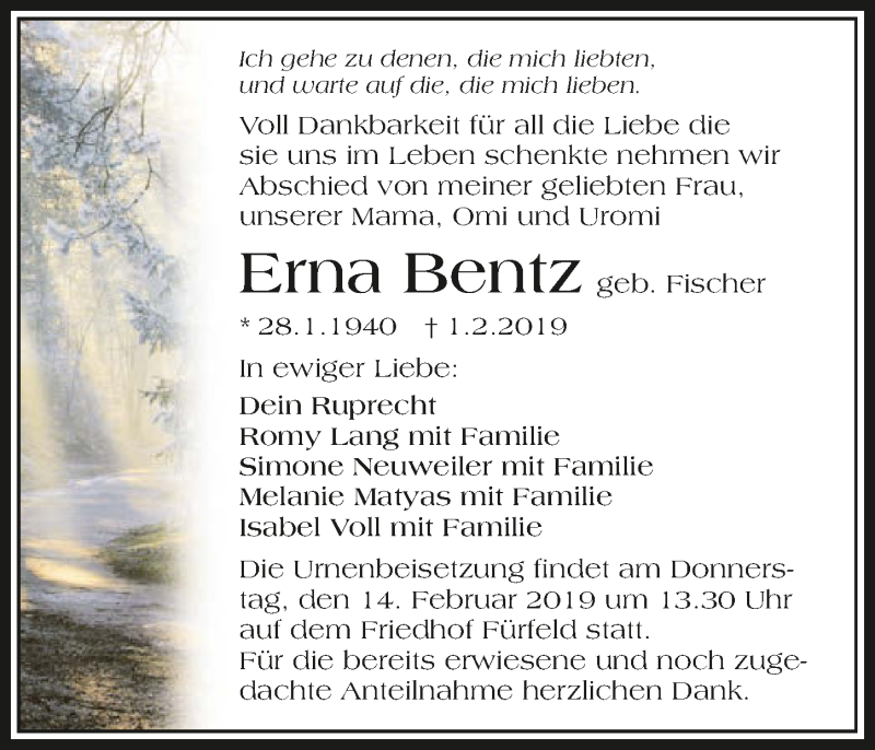  Traueranzeige für Erna Bentz vom 09.02.2019 aus 