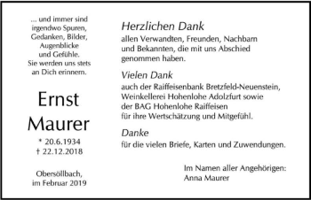 Traueranzeige von Ernst Maurer 