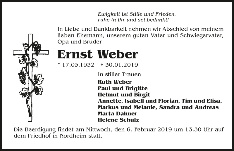  Traueranzeige für Ernst Weber vom 02.02.2019 aus 