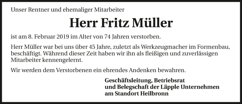  Traueranzeige für Fritz Müller vom 12.02.2019 aus 