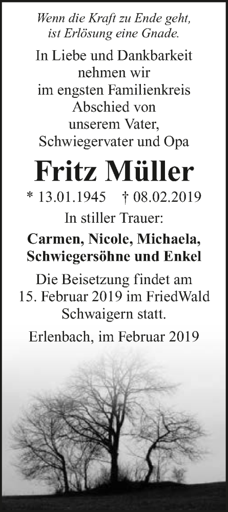  Traueranzeige für Fritz Müller vom 12.02.2019 aus 
