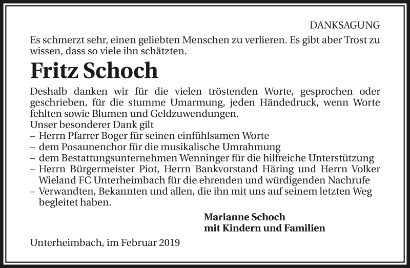  Traueranzeige für Fritz Schoch vom 02.02.2019 aus 