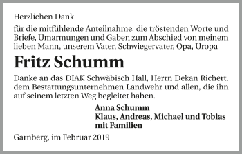 Traueranzeige von Fritz Schumm 