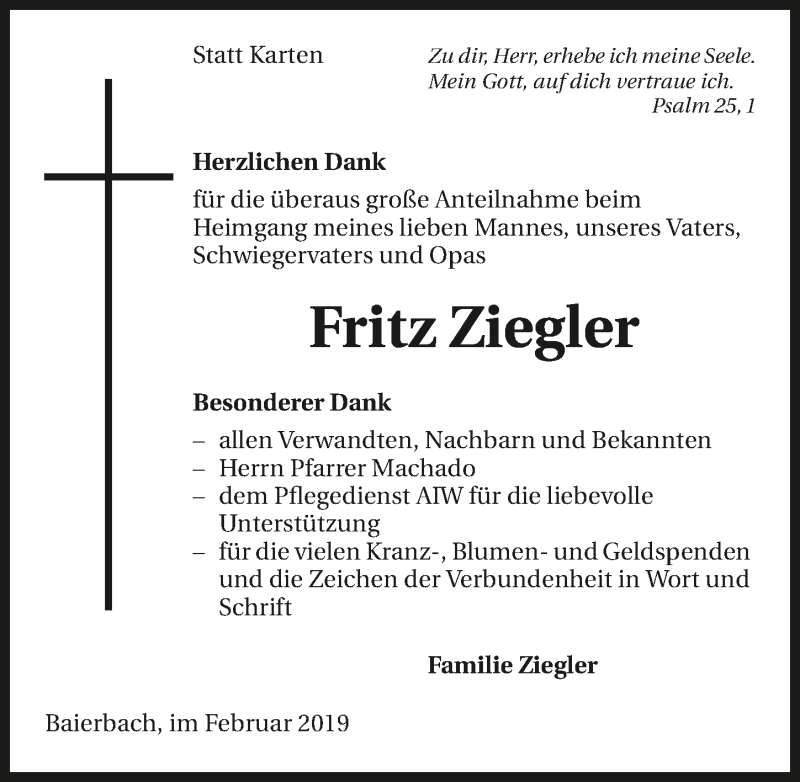  Traueranzeige für Fritz Ziegler vom 28.02.2019 aus 