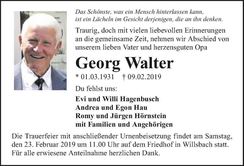  Traueranzeige für Georg Walter vom 16.02.2019 aus 