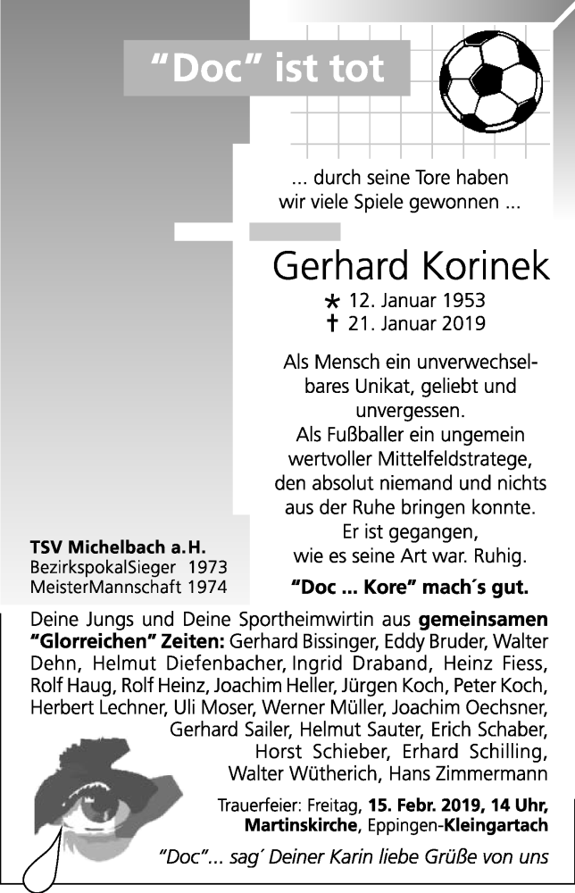  Traueranzeige für Gerhard Korinek vom 13.02.2019 aus 