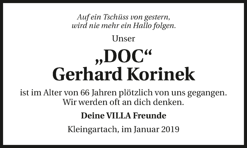  Traueranzeige für Gerhard Korinek vom 12.02.2019 aus 