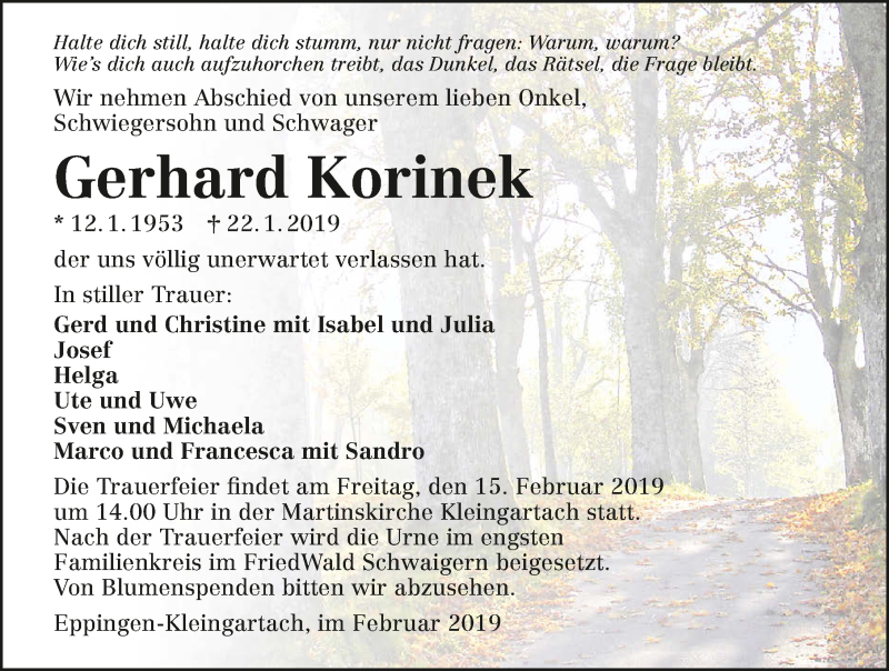  Traueranzeige für Gerhard Korinek vom 12.02.2019 aus 